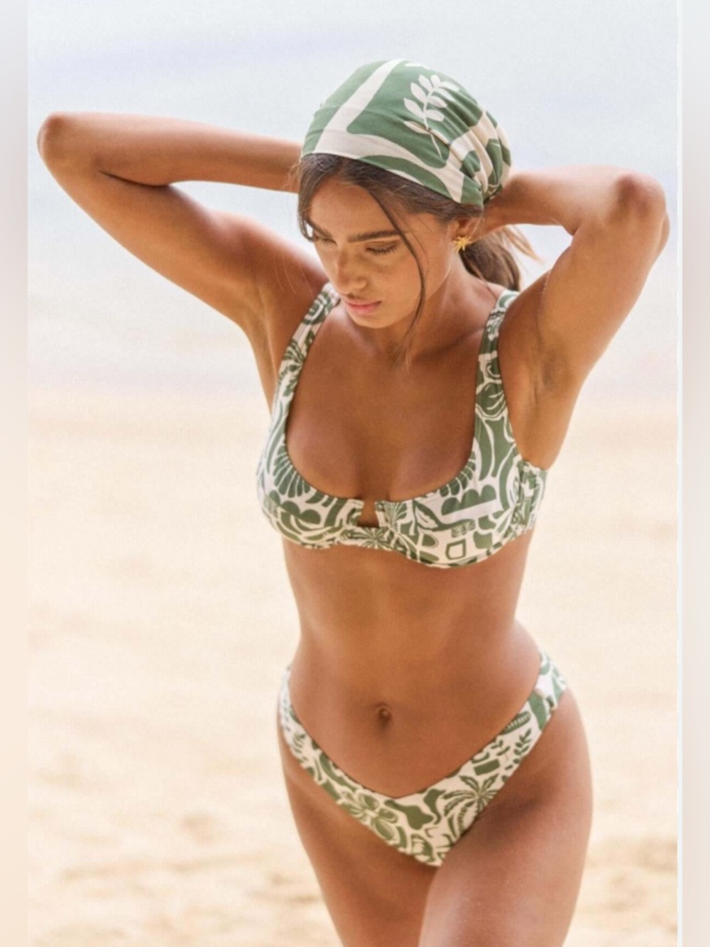 MINKPINK Amos Green and Cream Printed Underwire Bikini Set with Mesh T-Shirt